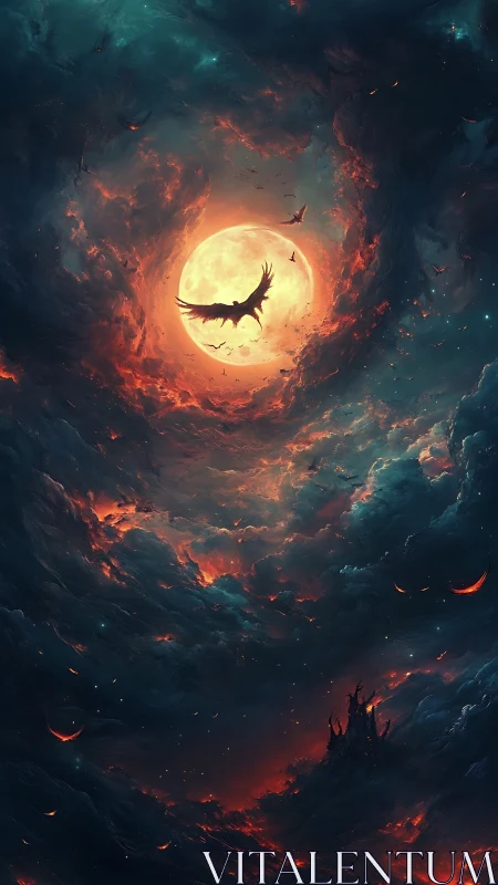 Luminous blood moon with silhouetted dragon in turbulent storm