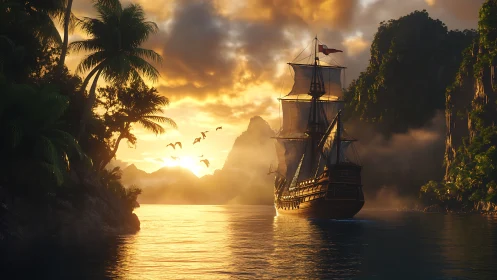 Golden Voyage: A Majestic Sailing Ship at Sunrise