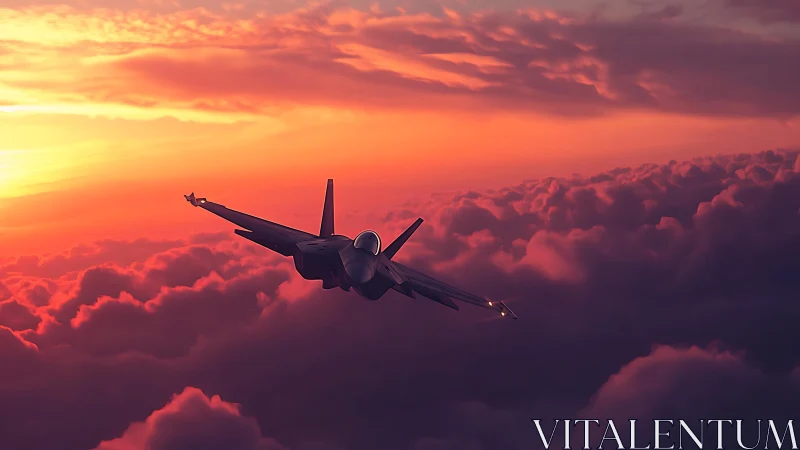 Jet fighter gliding above glowing sunset cloud ocean.