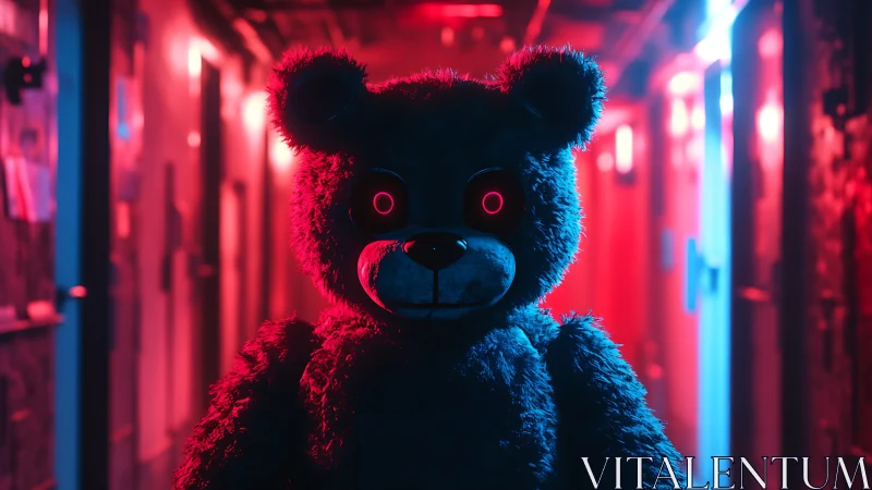 Cyberpunk corridor bear with neon-lit animatronic detailing.