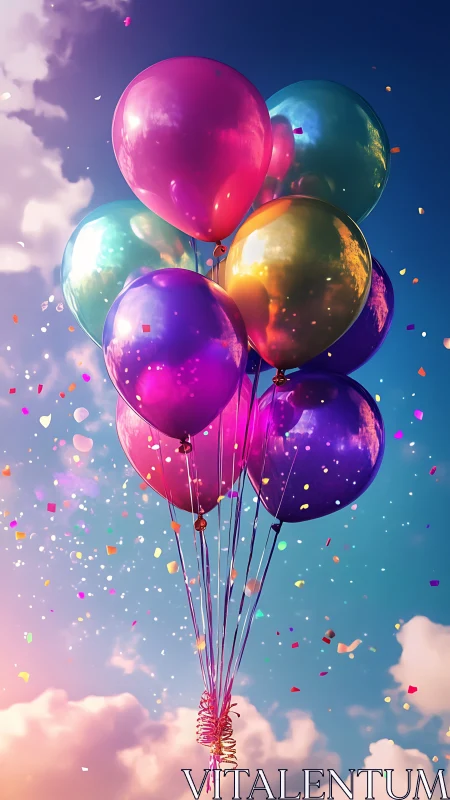 Spherical Balloons Against Gradient Sky with Confetti Elements