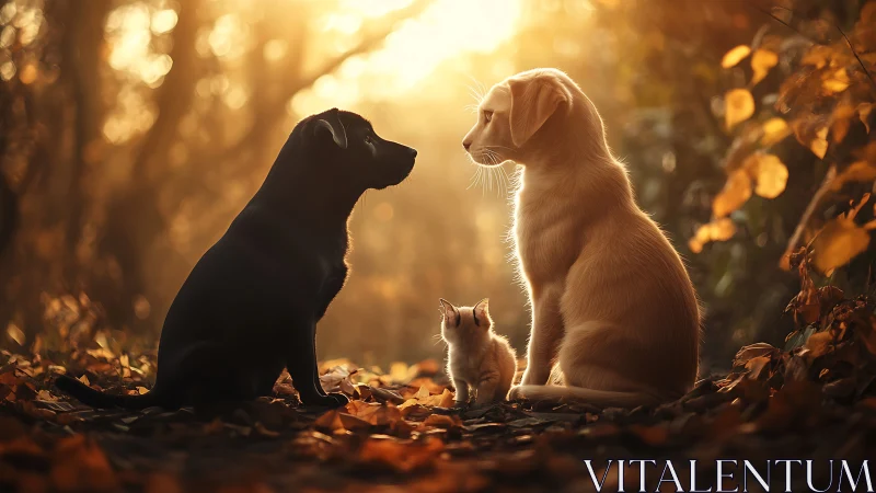 Three Canines in Autumn Forest Setting Under Golden Sunlight.