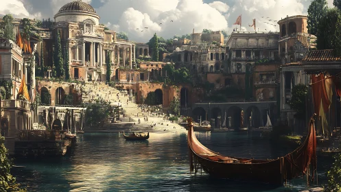 Riverside classical cityscape with domed temple and boats.