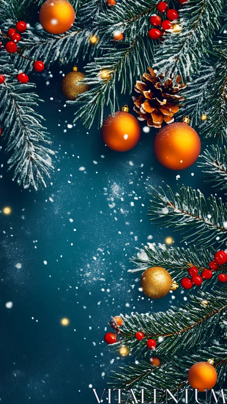 Christmas fir branches with gold baubles and berries.