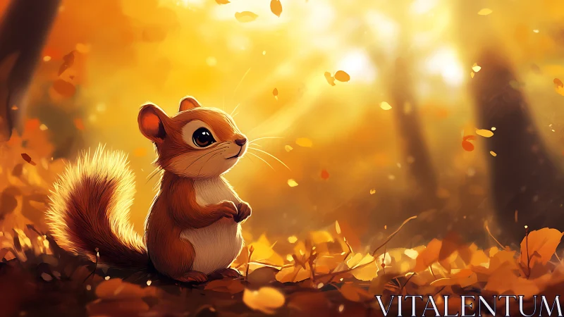 Autumn forest glow surrounding a cute squirrel character.