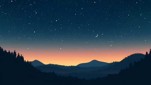 Crescent hush above ember hills in deep forest twilight.