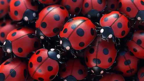 Playful cluster of glossy red ladybugs in close view.
