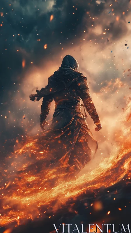 Cloaked warrior strides through arc of embers in stormlit inferno