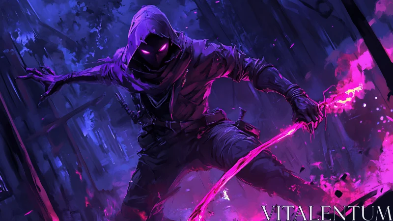 Hooded spectral assassin with magenta energy blade in motion.