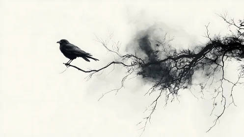 Solitary raven on misty branch, minimalist monochrome digital art.