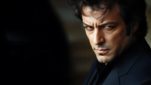 Brooding gaze carved in shadow and smoldering resolve.