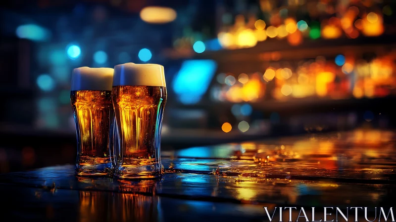 Twin pint glasses of golden beer on wet bar counter, bokeh