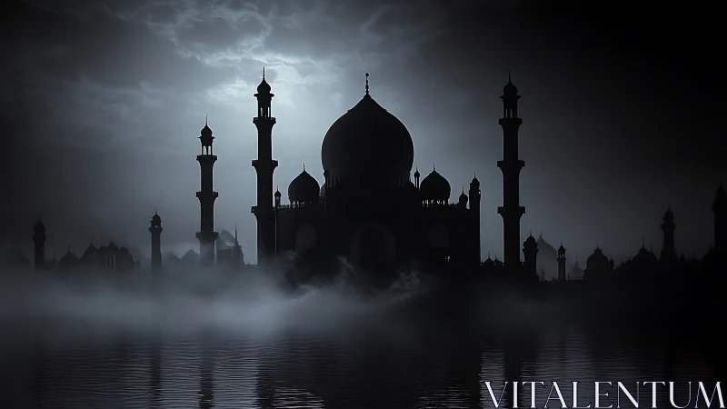 Moonlit domed mosque silhouette rising through misty waters.