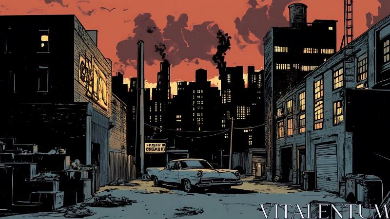 Sunset noir alleyway framing lone vintage car.