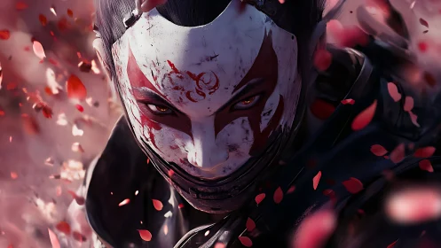 Masked cybernetic warrior stares forward amid falling petals