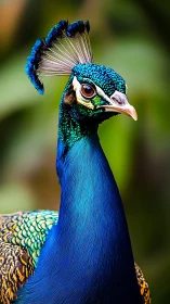 High-saturation close-up portrait of peafowl head with iridescent plumage