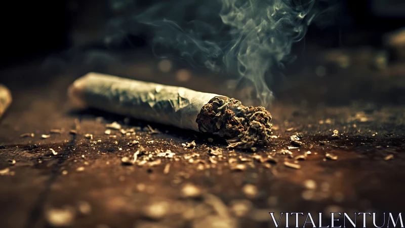 Partially smoked hand-rolled joint on wooden surface.