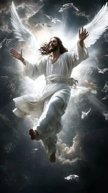 Radiant celestial figure ascending through luminous storm clouds.