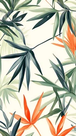 Tropical foliage illustration with vivid orange blooms.