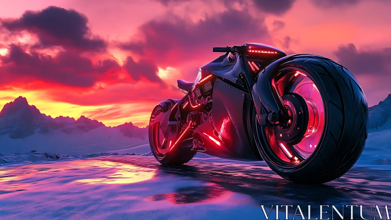 Futuristic neon motorcycle on reflective icy highway at dusk.