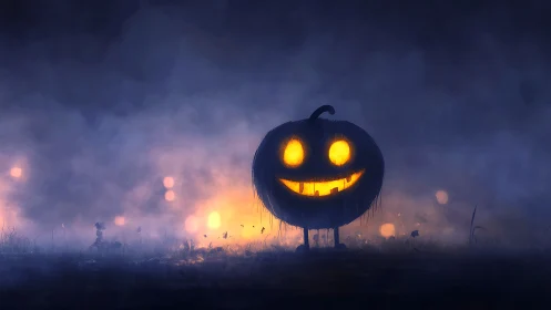 Glowing jack o lantern grinning warmly in misty moonlight.