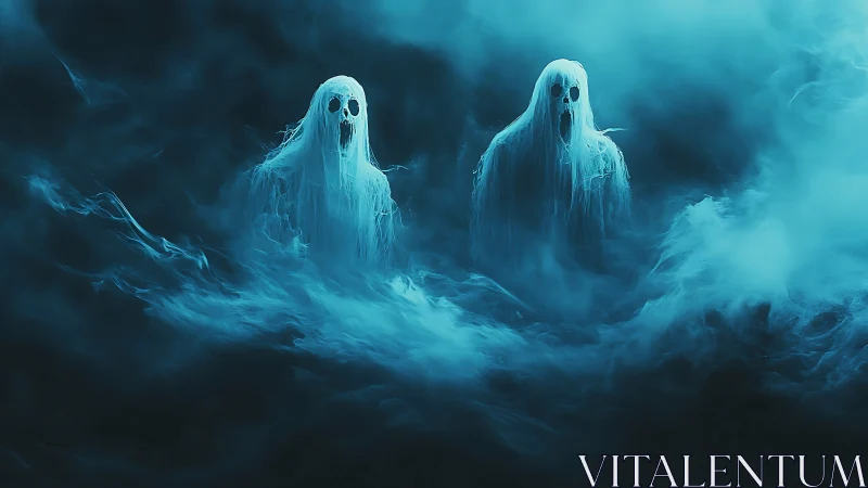 Gentle ghosts drifting through a dreamy teal mist.