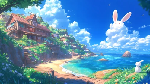 Dreamy seaside village under watchful bunny cloud guardians.