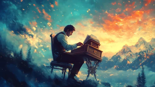 Mountain dawn cradles a lone pianist in quiet wonder