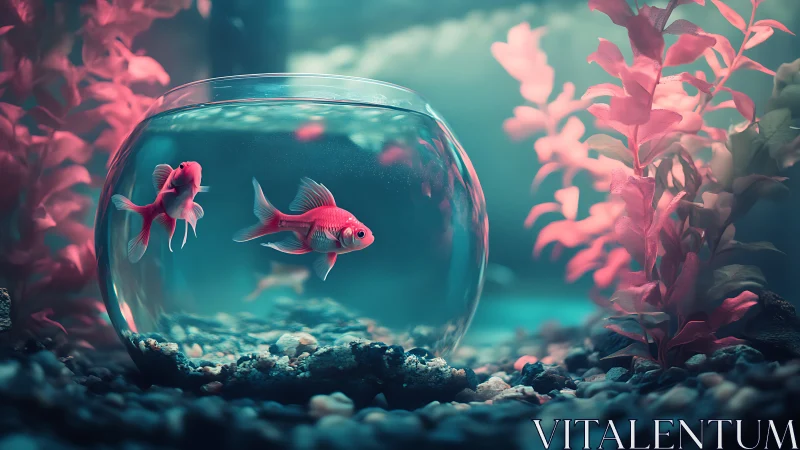 Shallow depth goldfish bowl with teal-pink bokeh lighting study