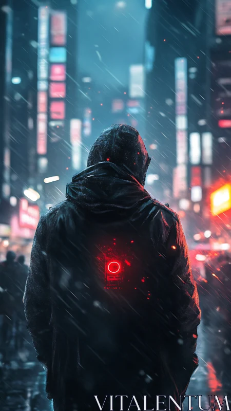 Hooded figure in neon city street during heavy rain at night.
