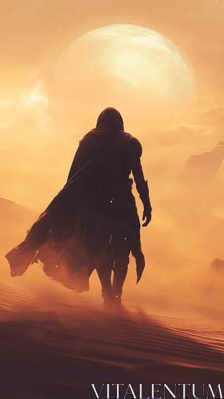 Cloaked wanderer crossing molten desert under swollen sun.