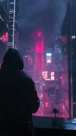 Solitary figure over neon cityscape in midnight rainstorm.