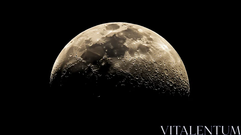 Lunar terminator reveals cratered surface in golden light.