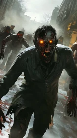 Advancing zombie horde invades foggy urban street in detail