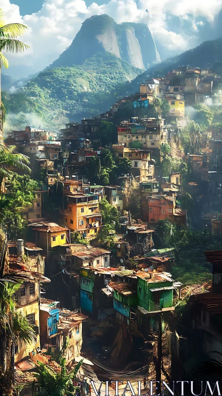 Vertical favela landscape integrates with misty tropical mountains
