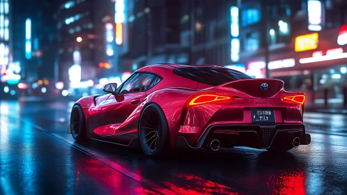 Neon red sports coupe under futuristic city rainlights.