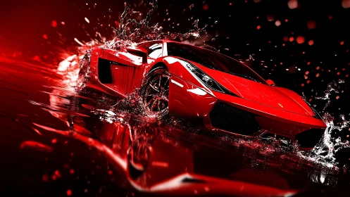 Red supercar rendering slicing through liquid splash at speed