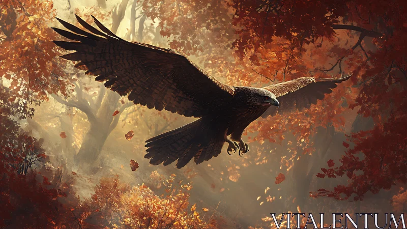 Majestic Eagle Soaring Over Autumn Forest in Realistic Digital Art.