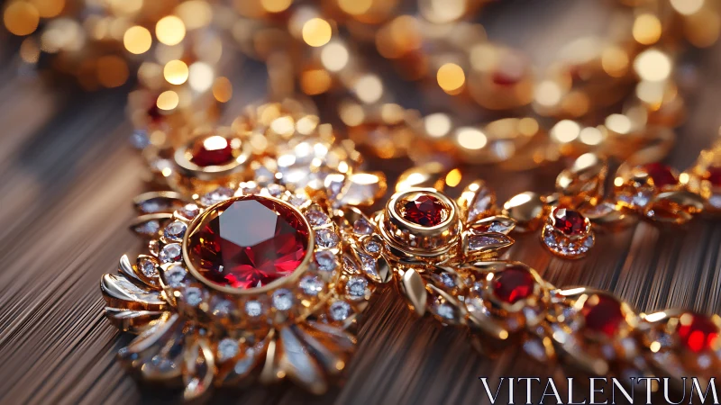 Macro study of faceted ruby and diamond gold filigree jewelry.