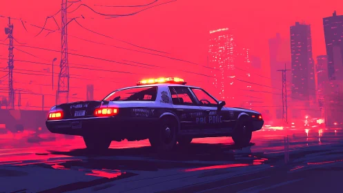 Police car on wet urban road under neon red skyline. Period.