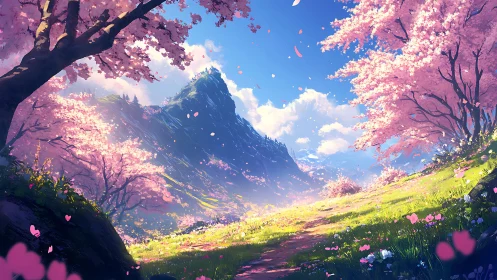 Radiant cherry blossom valley beneath sunlit mountain peak.