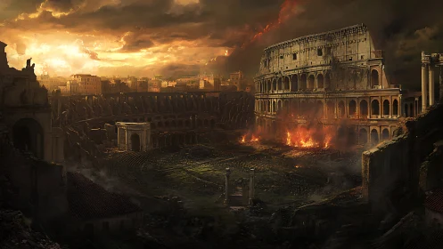 Sunset over a burning colosseum in a crumbling empire.
