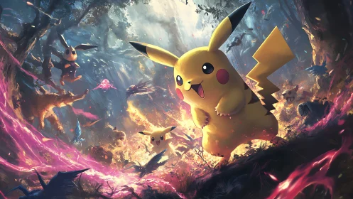 Pikachu in dynamic fantasy forest battle environment