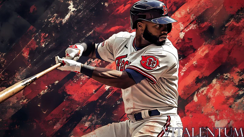 Baseball batter mid swing against bold red abstract art.