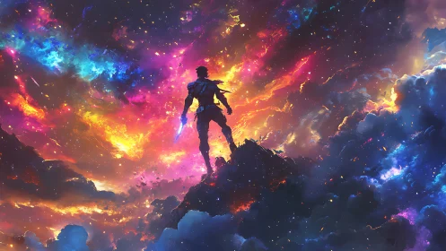 Silhouetted space warrior stands against erupting nebular sky