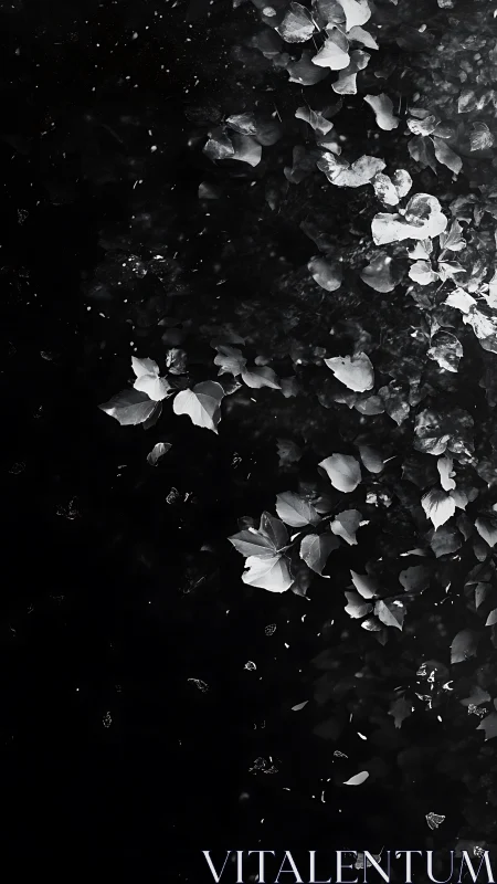 Monochrome falling petals over deep black background.