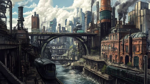 Dense industrial cityscape channels smoke above layered transit