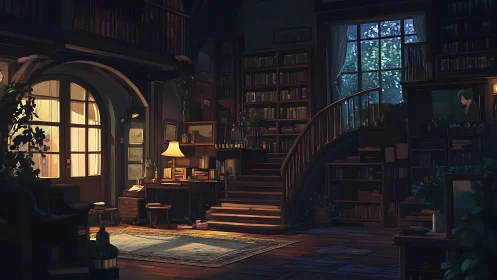Cozy moonlit library nook with winding staircase glow.