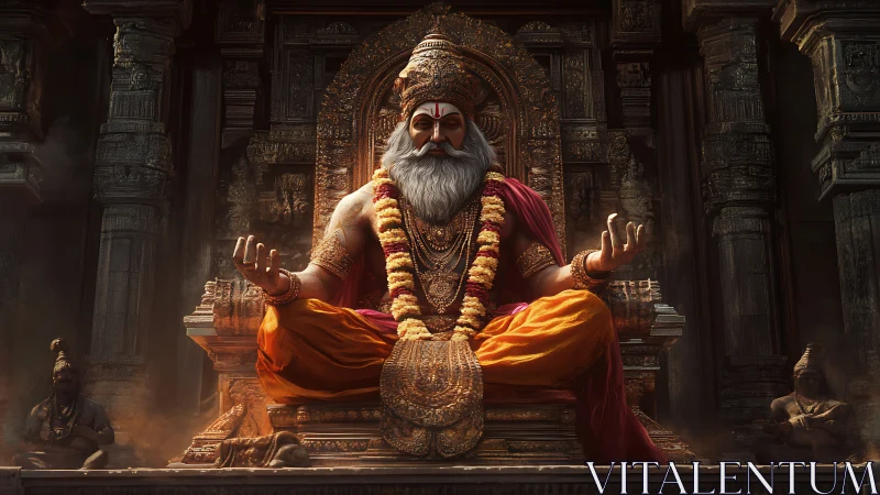 Seated sage figure in ornate stone temple interior setting.