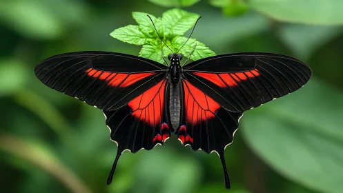Black swallowtail butterfly shows vivid red wing bands